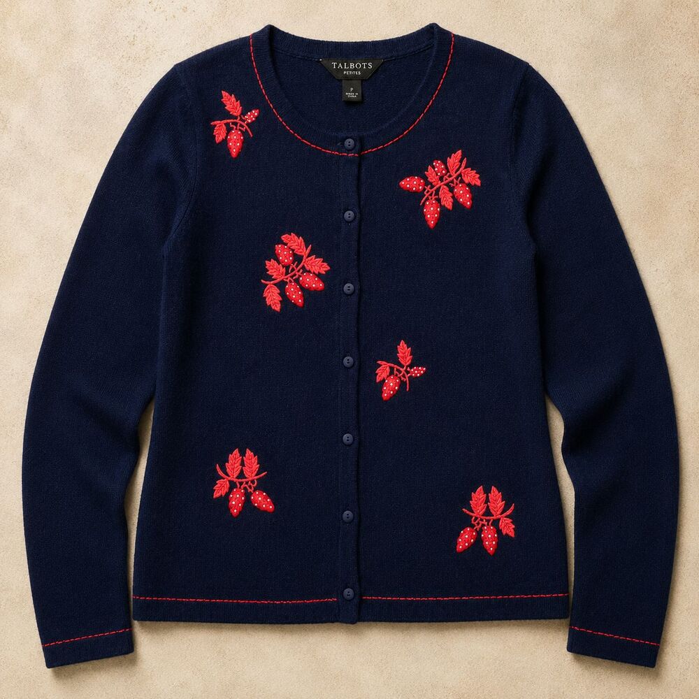 Talbots Strawberry Cardigan Womens SP Navy Beaded Embroidered Preppy Cottage